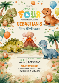 Yellow Joyful Dinosaur Birthday Party A4 template