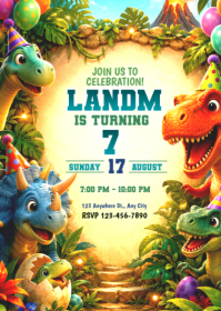 Yellow Dinosaur Birthday Party A6 Template
