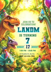 Amarillo Dinosaur Birthday Party A6 Template