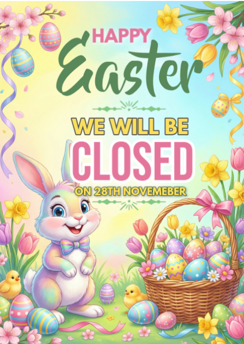 Yellow Joyful Easter Closure Announcement A6 Template | PosterMyWall