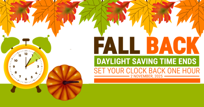 Yellow Joyful Fall Back , Day Light Saving Time Ends Facebook Shared Image template