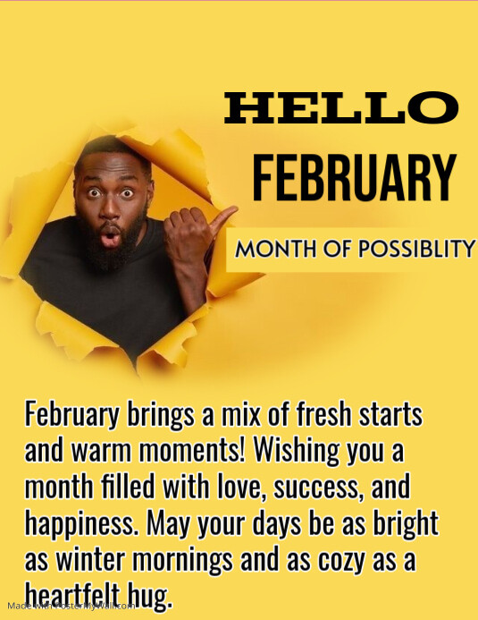 February Yellow Lettering Yellow Joyful Hello February Flyer (us Letter) Template | PosterMyWall