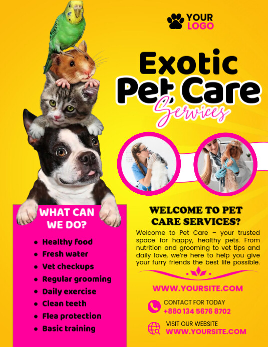 Yellow Joyful Pet Care Services Flyer (us Letter) Pamflet (VSA Brief) template