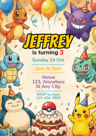 Yellow Joyful Pokemon Birthday Party A4 template