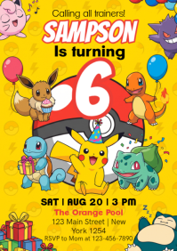 สีเหลือง Pokemon Birthday Party A4 Template