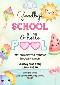 Yellow Joyful Pool Party For Kids A6 template