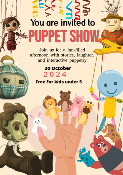 Puppet Talk Show Examples Yellow Joyful Puppet Show A4 Template | PosterMyWall
