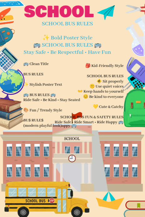 Bus Rules Visual Yellow Joyful School Bus Rules Poster Template | PosterMyWall