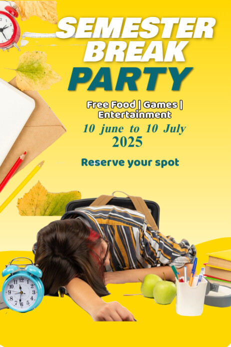 Yellow Joyful Semester Break Party Poster Cartaz template