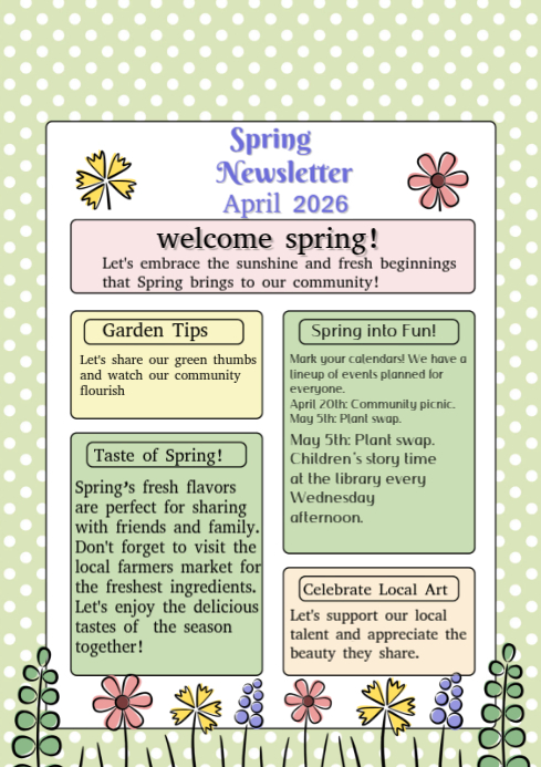 Yellow Joyful Spring Newsletter April 2026 A4 Template | PosterMyWall