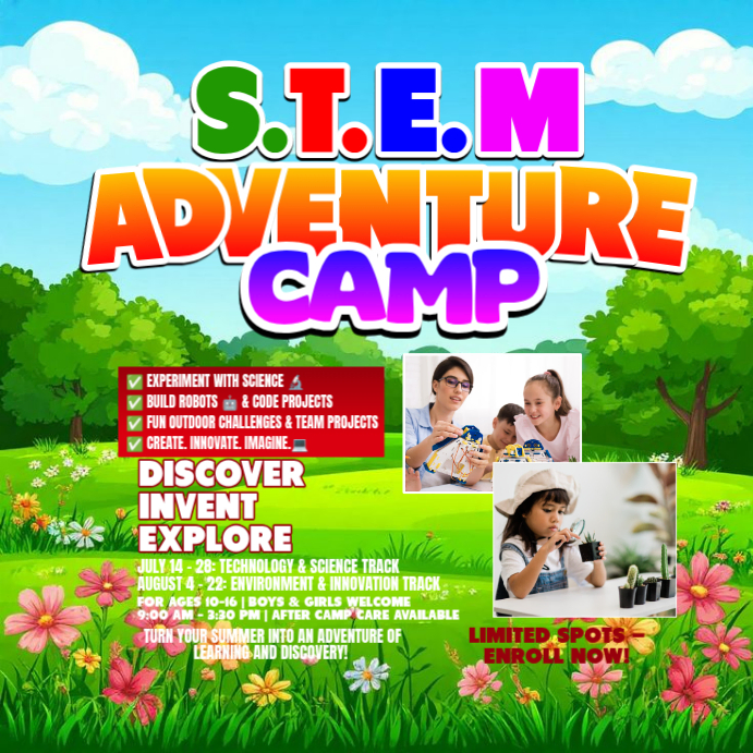 Yellow Joyful STEM Adventure Camp Instagram Post Template | PosterMyWall