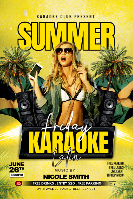 Yellow Joyful Summer Karaoke Ladie's Night Party Poster Plakkaat template