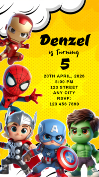 Yellow Superhero Birthday Invitation งานแสดงผลงานแบบดิจิทัล Template