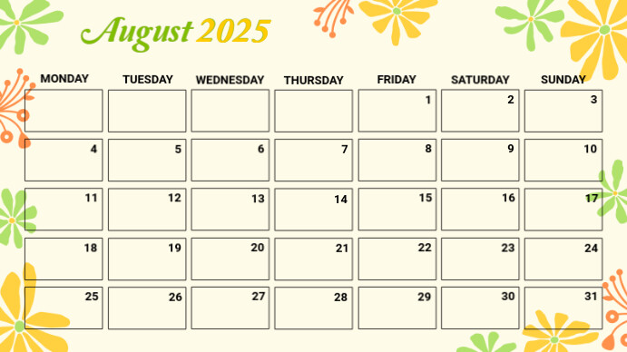 Yellow List-based August Calendar  Presentation (16:9) template