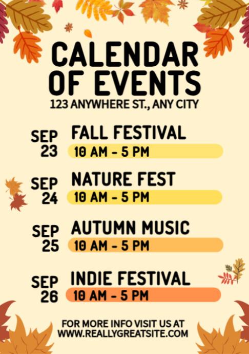 Yellow List-based Autumn Calendar Of Events  A2 template