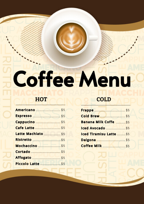 Coffee Base Menu Yellow List-based Coffee Menu A4 Template | PosterMyWall