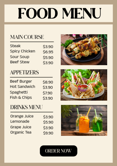 Yellow List-based Food Menu A4 Template | PosterMyWall