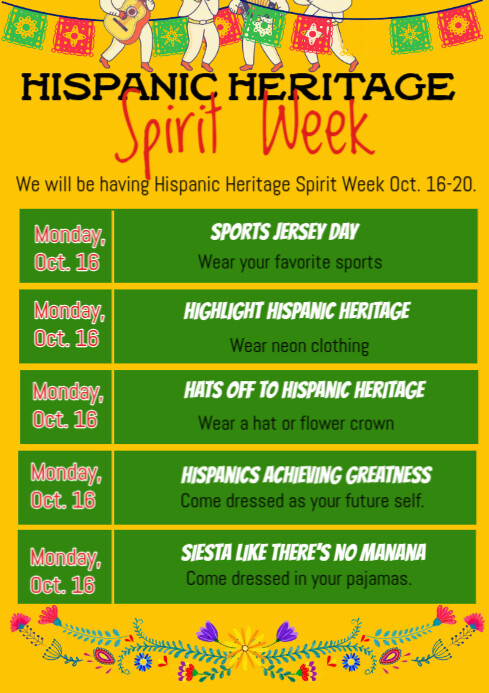 Hispanic Spirit Yellow List-based Hispanic Heritage Spirit Week A4 Template | PosterMyWall