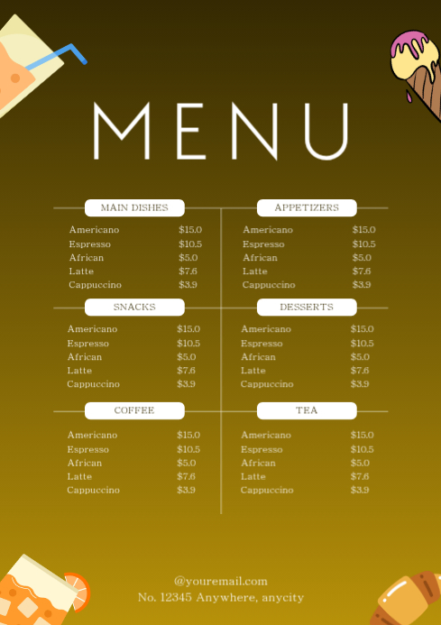 Yellow list-based menu design a4 Template | PosterMyWall