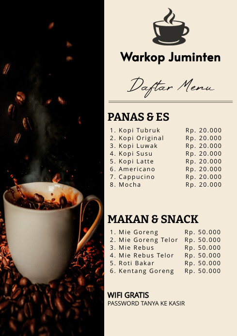 Yellow List-based Menu Warung Kopi A4 template