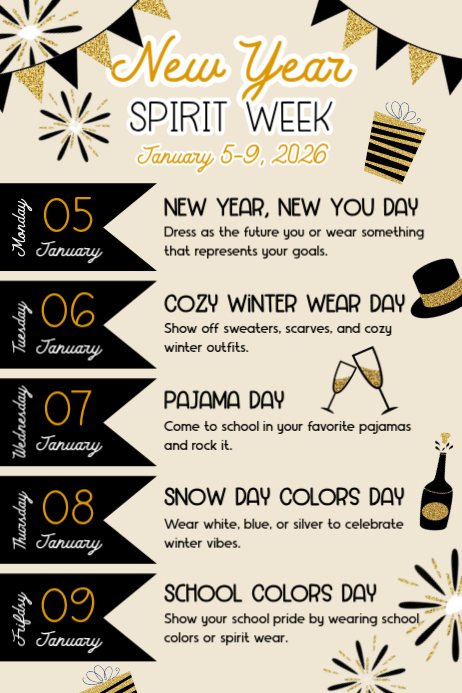 Yellow List-based New Year Spirit Week Poster Template | PosterMyWall