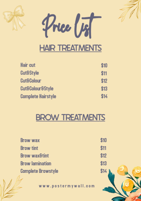 Yellow List-based Price List Hair & Brow Treatments A4 Template ...