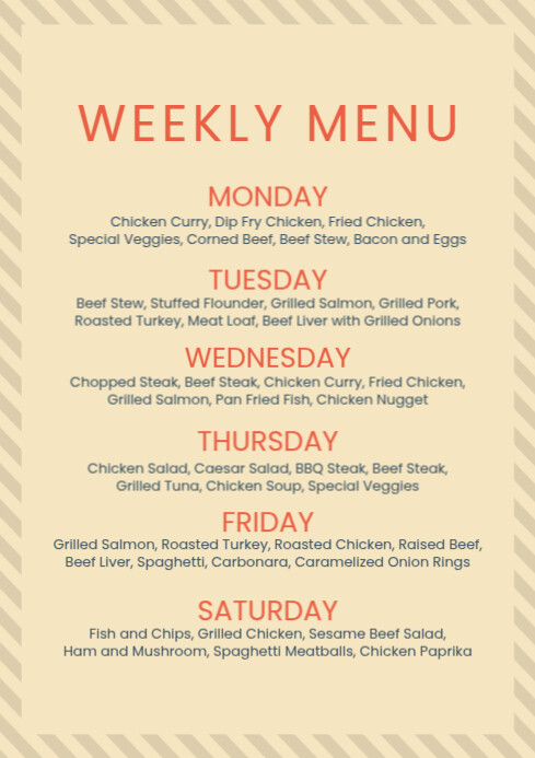 Yellow List-based Restaurant Weekly Food Menu A4 template