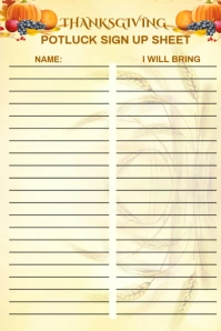Yellow List-based Thanksgiving Potluck Sign Up Sheet Template Poster