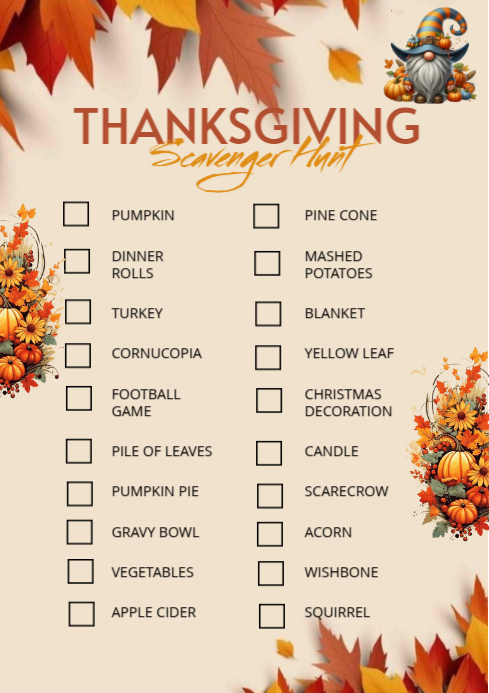 Yellow List-based Thanksgiving Scavenger Hunt A4 template