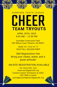 Yellow Maximalist Cheer team Tryouts Flyer Tabloid template