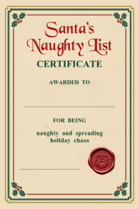 Yellow Maximalist Santa Naughty Certificate  Pinterest Graphic template