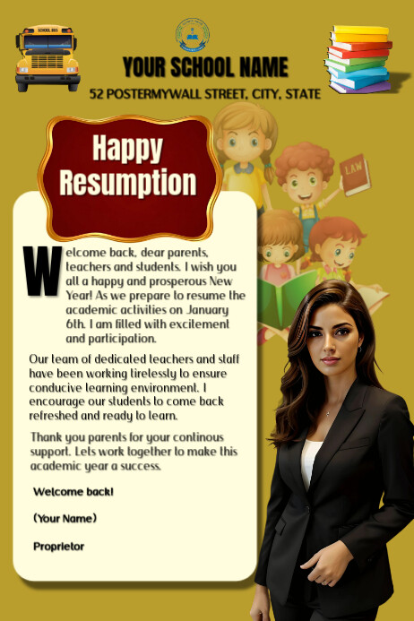 Resumption Definition Yellow Maximalist School Resumption Poster Template | PosterMyWall