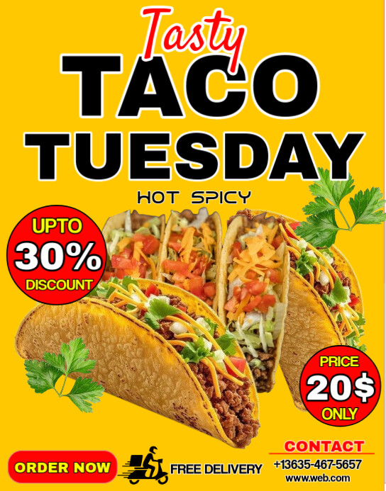 Yellow Maximalist Taco Tuesday Free Delivery Service  Poster/wallboard template