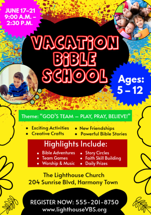 Yellow Maximalist Vacation Bible School A4 Templat | PosterMyWall