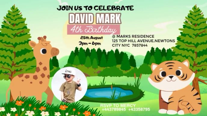 Yellow Maximalist Zoo And Animal Kids Birthday Party Invite Digital Display (16:9) template