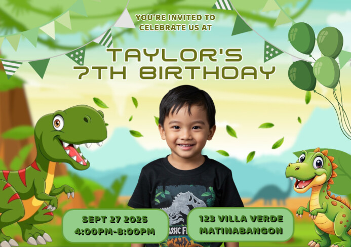 Yellow Modern & Minimal Green Dinosaur 7th Birthday Invitation A5 template