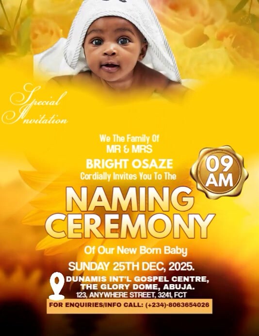 Yellow Modern & Minimal Naming Ceremony Template Flyer (us Letter) 传单(美国信函)