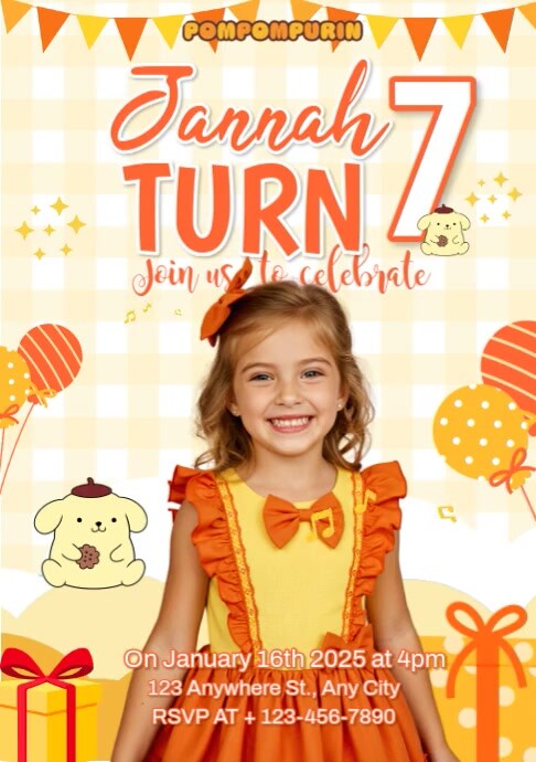 Yellow Modern & Minimal Pompompurin Birthday Invitation A4 template
