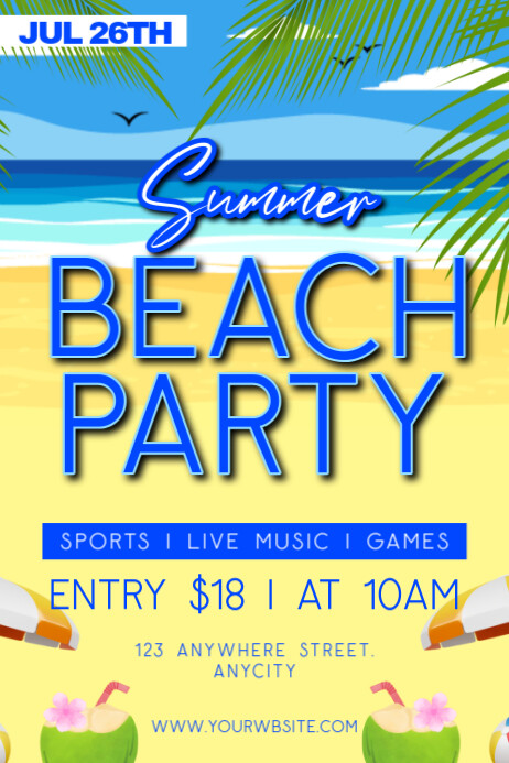 Yellow Modern & Minimal Summer Beach Party Poster Cartaz template