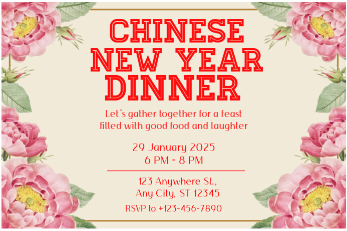 Yellow Modern & Minimal Cream And Pink Elegant Chinese New Year Dinner Invitation Label Etykieta template