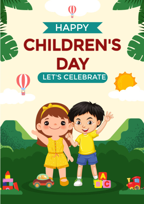Yellow Modern & Minimal Green Beige Ilustrative Happy Children's Day Poster A4 template