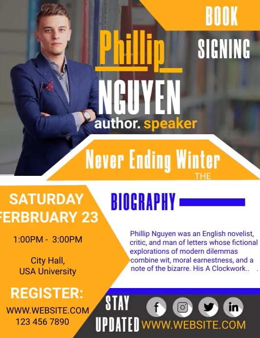 Yellow Modern Book Author Biography Flyer Tem Template | PosterMyWall