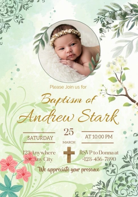 Yellow Pastel Botanical Green Baptism Invitation A4 template
