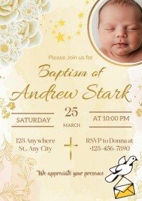 Yellow Pastel Gold Beige Baptism Invitation A4 template