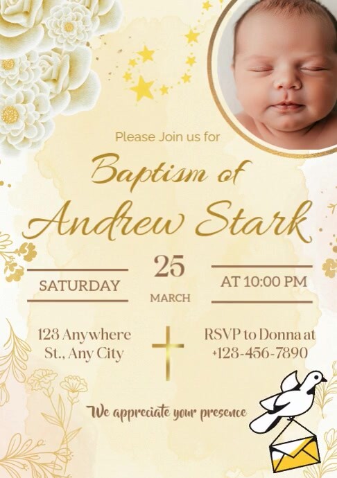 Yellow Pastel Gold Beige Baptism Invitation A4 template