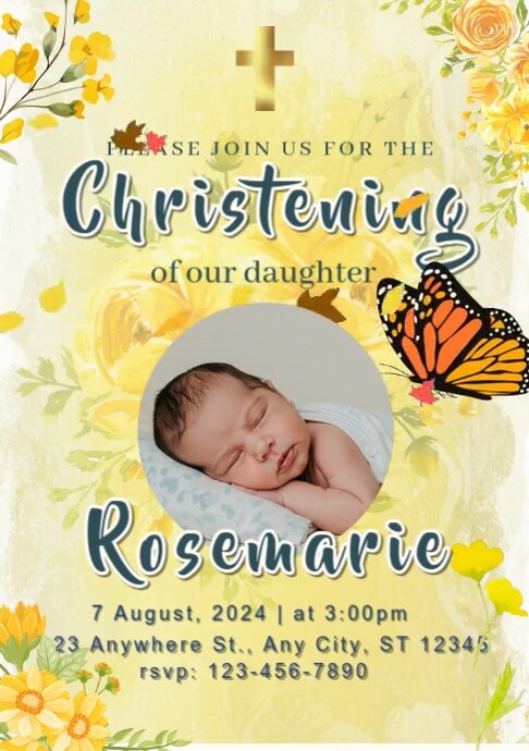 Yellow Pastel Yellow Floral Christening Invitation Template A4