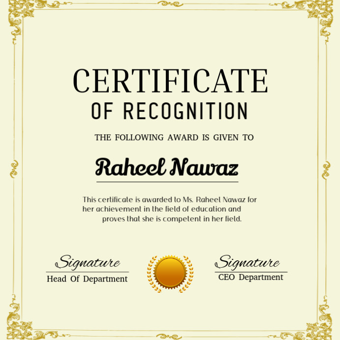Yellow Professional Certificate Of Recognition  Instagram Post template