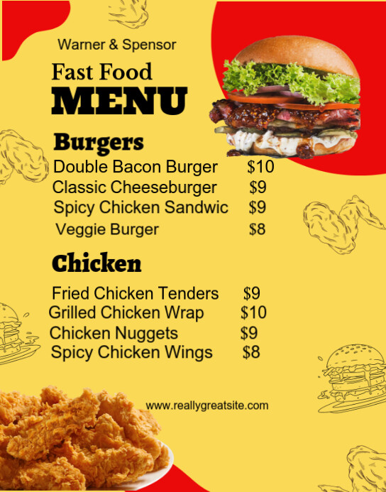 Yellow Professional Fast Food Menu  Poster/wallboard Cartaz/placa template