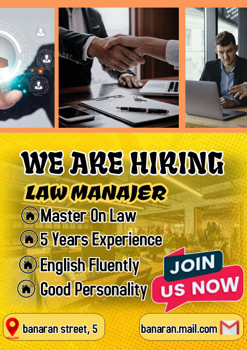Yellow Professional Hiring Law Manajer Pamfle Template | PosterMyWall