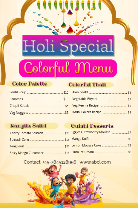 Yellow Professional Holi Special Menu Poster Cartaz template